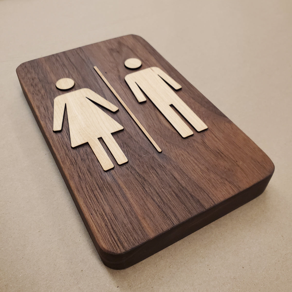 wood inlay signage direction washroom bathroom