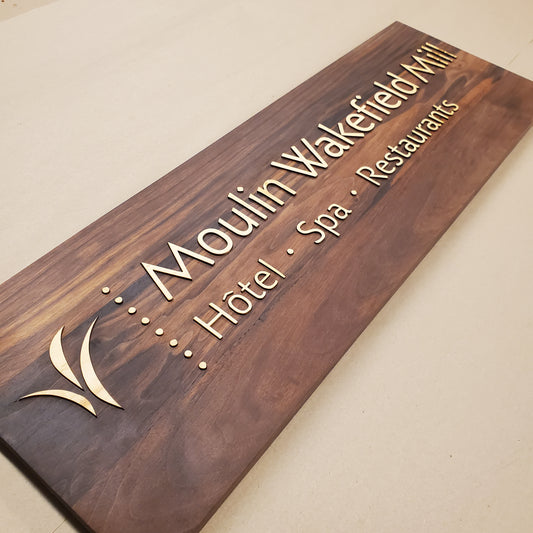 wood inlay signage hospitality Wakefield Mill